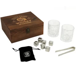 Whisky Geschenk-Set Mit 2 Gläsern, Eiswürfeln Aus Edelstahl, Zange, Samtbeutel In Einer Schönen Holzbox -Pokalserie 1ab0093b20b8d2628398cc36375a66fb
