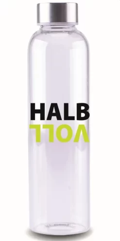 Steuber Glasflasche Mit Schriftzug HALBVOLL, 700 Ml, Borosilikatglas/Edelstahlverschluss, Temperatur-resistent, Spülmaschinengeeignet