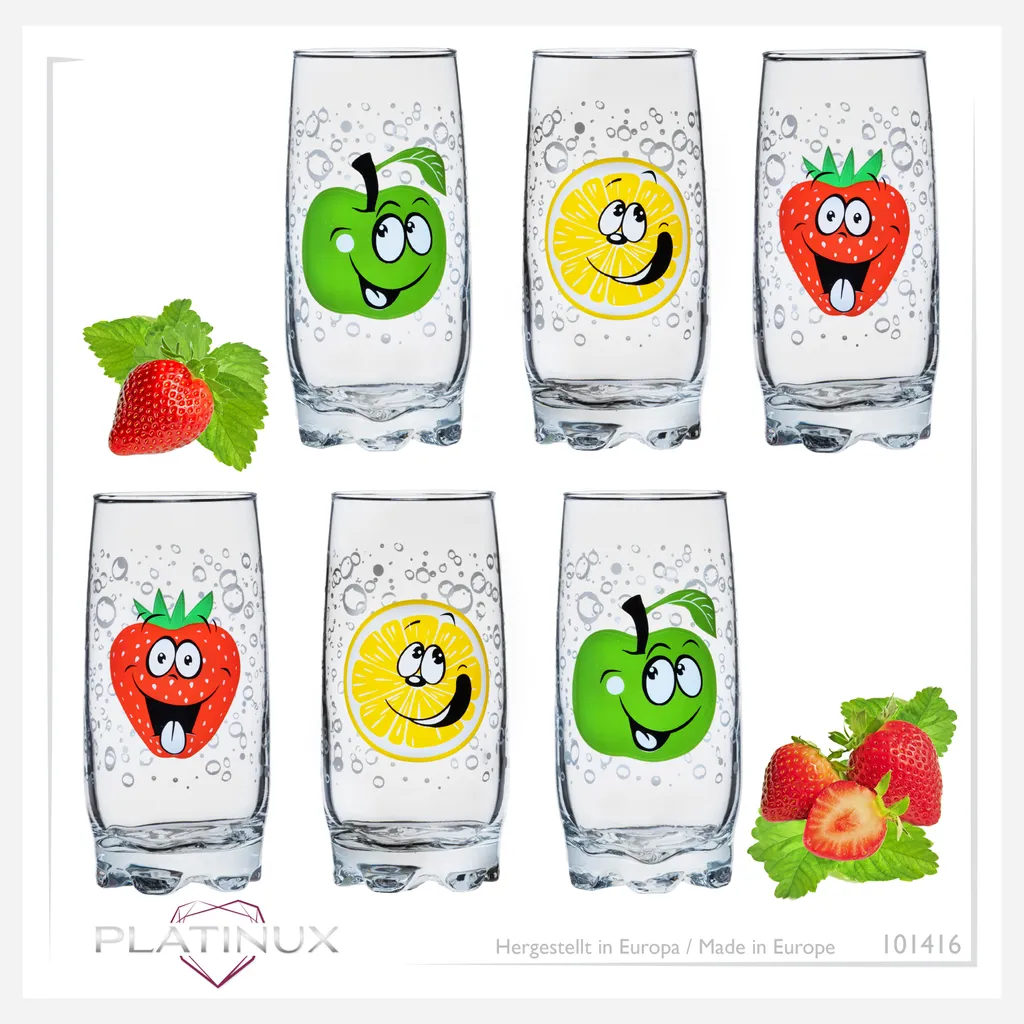 Trinkgläser Mit Lustigen Fruchtgesichtern 350ml (max. 400ml) Set 6 Teilig Aus Glas Bunt 8 Trinkgläser Mit Lustigen Fruchtgesichtern 350ml (max. 400ml) Set 6 Teilig Aus Glas Bunt – Bild 6