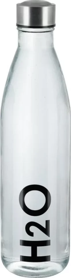 AXENTIA Glas Trinkflasche H2O 750 Ml, Borosilikatglas Mit Edelstahl-Deckel, Transparente Flasche Mit Schwarzem "H2O"-Aufdruck, Wasserflasche Für Büro