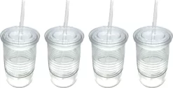 Glasbecher Mit Deckel & Glashalm, 4er Set 440 Ml, Spülmaschinenfest, Trinkglas, Transparent